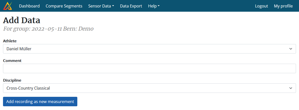 Screenshot of form for assigning a real-time measurement to an athlete.