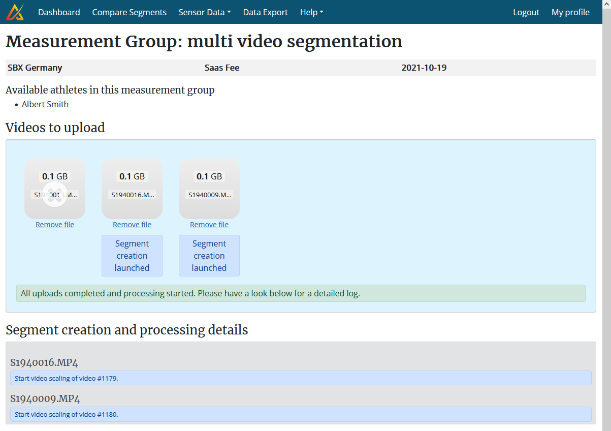 Screenshot of the alpine multi video segmentation section, with three videos uploaded and two processed.