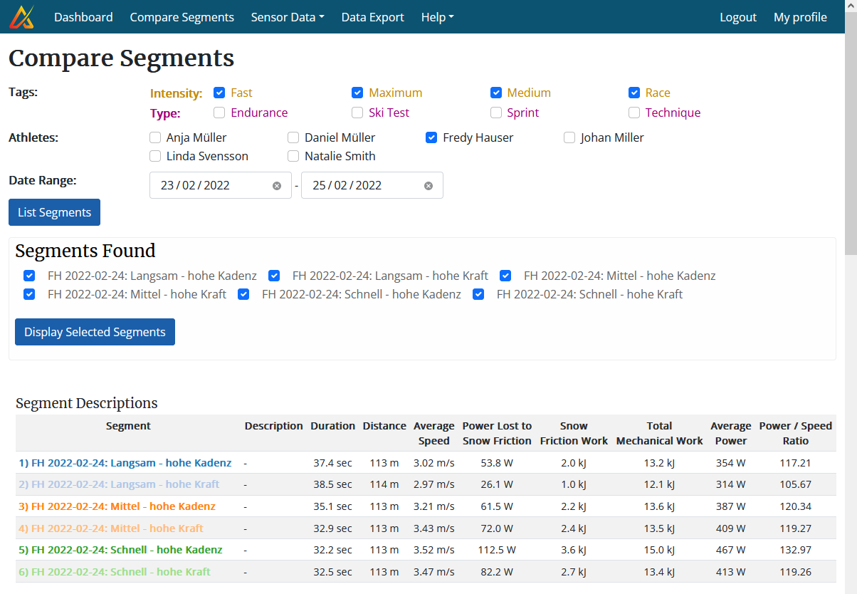 Screenshot of the compare segments feature for cross-country skiing.