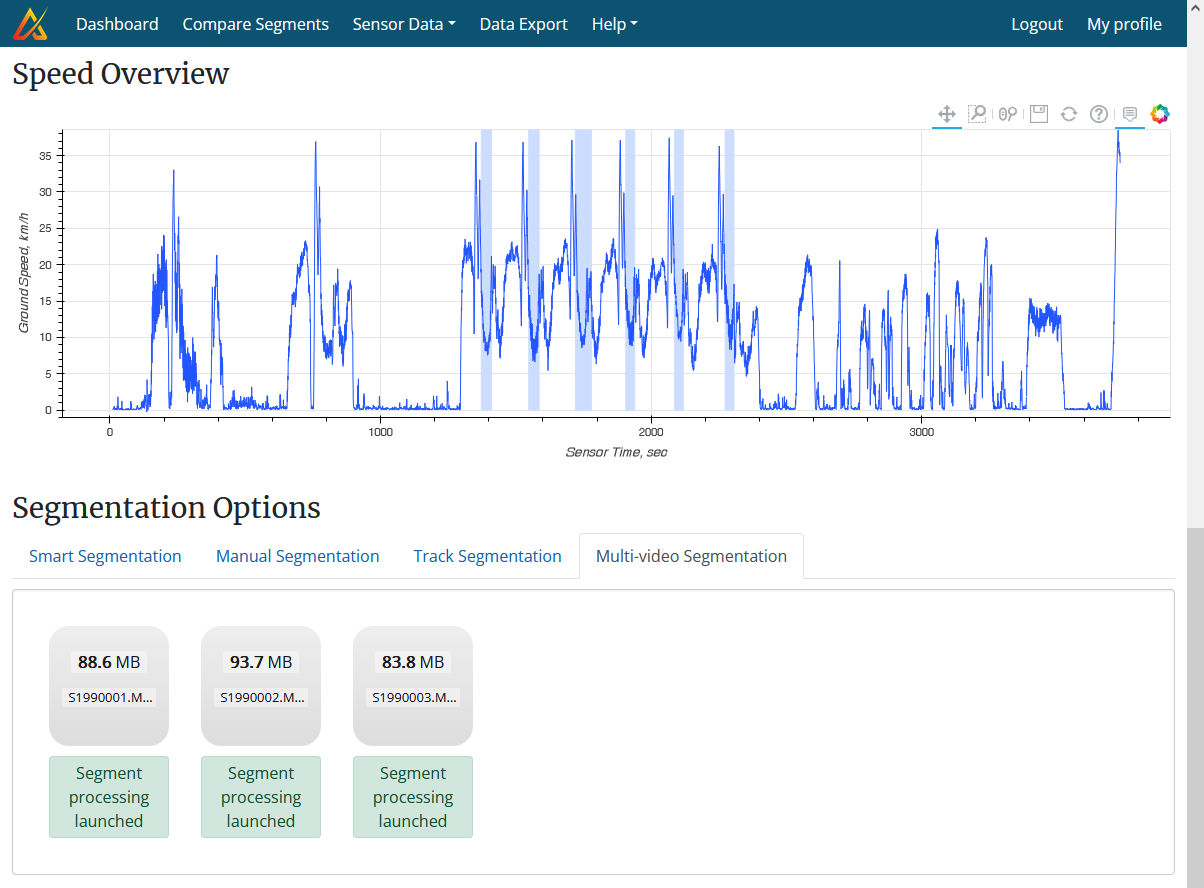 Screenshot of the bottom of the measurement page, showing the multi-video segmentation option with three uploaded videos.